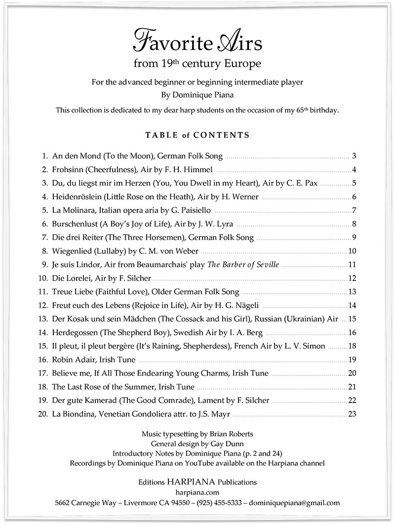 Favorite Airs, table of contents